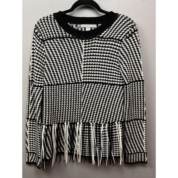 By Design Sweater Womens Small Black White Fringe Chunky Pullover Geo Casual - Picture 1 of 7